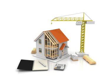 3D render illüstrasyon üstüne açık iç evi. Planları, belgeleri, vinç ve mortgage hesaplama.