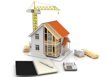 3D render illüstrasyon üstüne açık iç evi. Planları, belgeleri, vinç ve mortgage hesaplama.