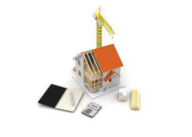 3D render illüstrasyon üstüne açık iç evi. Planları, belgeleri, vinç ve mortgage hesaplama.