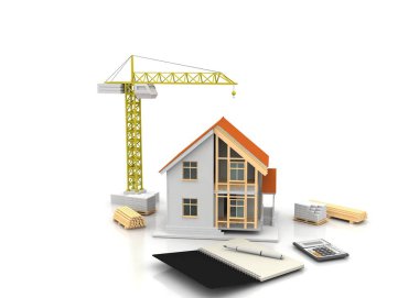 3D render illüstrasyon üstüne açık iç evi. Planları, belgeleri, vinç ve mortgage hesaplama.