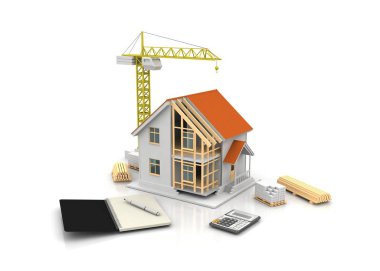 3D render illüstrasyon üstüne açık iç evi. Planları, belgeleri, vinç ve mortgage hesaplama.