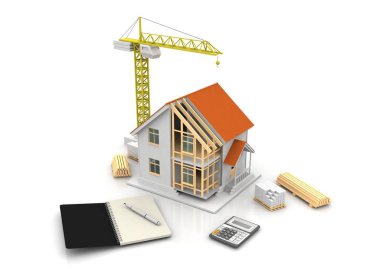 3D render illüstrasyon üstüne açık iç evi. Planları, belgeleri, vinç ve mortgage hesaplama.