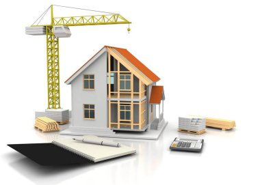 3D render illüstrasyon üstüne açık iç evi. Planları, belgeleri, vinç ve mortgage hesaplama.