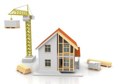 3D render illüstrasyon üstüne açık iç evi. Planları, belgeleri, vinç ve mortgage hesaplama.