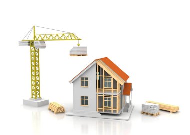 3D render illüstrasyon üstüne açık iç evi. Planları, belgeleri, vinç ve mortgage hesaplama.