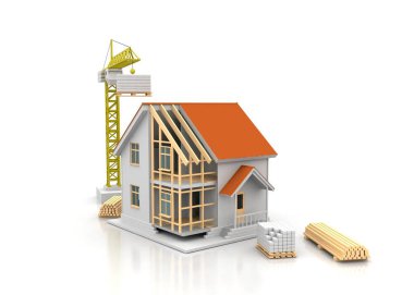 3D render illüstrasyon üstüne açık iç evi. Planları, belgeleri, vinç ve mortgage hesaplama.