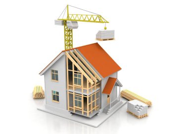 3D render illüstrasyon üstüne açık iç evi. Planları, belgeleri, vinç ve mortgage hesaplama.