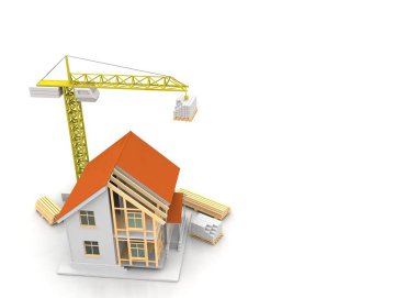 3D render illüstrasyon üstüne açık iç evi. Planları, belgeleri, vinç ve mortgage hesaplama.