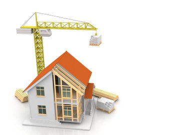 3D render illüstrasyon üstüne açık iç evi. Planları, belgeleri, vinç ve mortgage hesaplama.