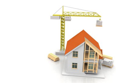 3D render illüstrasyon üstüne açık iç evi. Planları, belgeleri, vinç ve mortgage hesaplama.