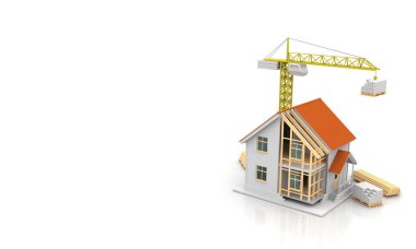 3D render illüstrasyon üstüne açık iç evi. Planları, belgeleri, vinç ve mortgage hesaplama.