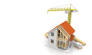 3D render illüstrasyon üstüne açık iç evi. Planları, belgeleri, vinç ve mortgage hesaplama.