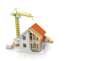 3D render illüstrasyon üstüne açık iç evi. Planları, belgeleri, vinç ve mortgage hesaplama.