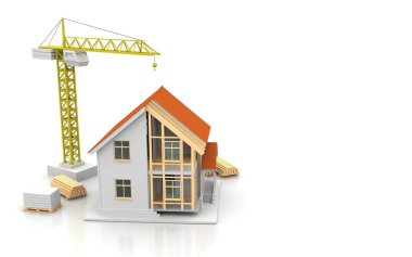 3D render illüstrasyon üstüne açık iç evi. Planları, belgeleri, vinç ve mortgage hesaplama.