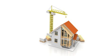 3D render illüstrasyon üstüne açık iç evi. Planları, belgeleri, vinç ve mortgage hesaplama.