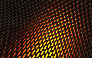 Metal kafes grild. 3D render arka planda yüksek çözünürlüklü soyut. turuncu ışık ile siyah karbon kılavuzunun 3D render.