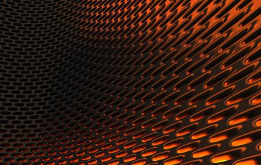 Metal kafes grild. 3D render arka planda yüksek çözünürlüklü soyut. turuncu ışık ile siyah karbon kılavuzunun 3D render.