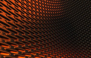 Metal kafes grild. 3D render arka planda yüksek çözünürlüklü soyut. turuncu ışık ile siyah karbon kılavuzunun 3D render.