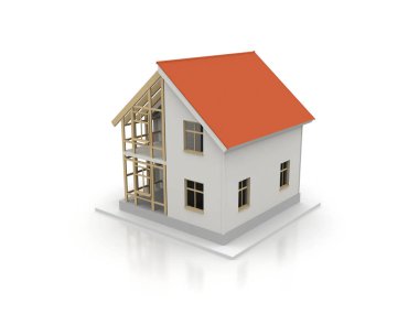 3D render illüstrasyon üstüne açık iç evi. Planları, belgeleri, vinç ve mortgage hesaplama.