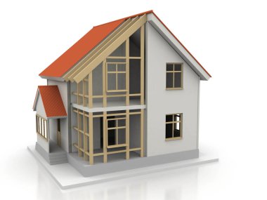 3D render illüstrasyon üstüne açık iç evi. Planları, belgeleri, vinç ve mortgage hesaplama.