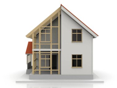 3D render illüstrasyon üstüne açık iç evi. Planları, belgeleri, vinç ve mortgage hesaplama.