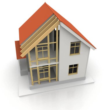 3D render illüstrasyon üstüne açık iç evi. Planları, belgeleri, vinç ve mortgage hesaplama.