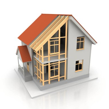 3D render illüstrasyon üstüne açık iç evi. Planları, belgeleri, vinç ve mortgage hesaplama.