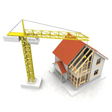 3D render illüstrasyon üstüne açık iç evi. Planları, belgeleri, vinç ve mortgage hesaplama.
