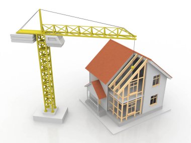 3D render illüstrasyon üstüne açık iç evi. Planları, belgeleri, vinç ve mortgage hesaplama.