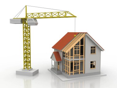 3D render illüstrasyon üstüne açık iç evi. Planları, belgeleri, vinç ve mortgage hesaplama.