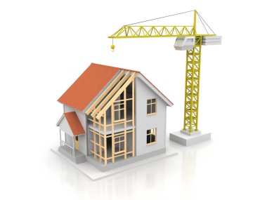 3D render illüstrasyon üstüne açık iç evi. Planları, belgeleri, vinç ve mortgage hesaplama.