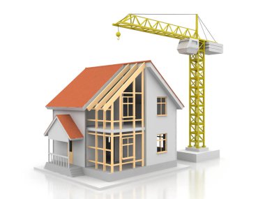 3D render illüstrasyon üstüne açık iç evi. Planları, belgeleri, vinç ve mortgage hesaplama.