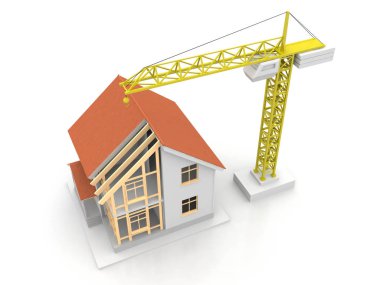 3D render illüstrasyon üstüne açık iç evi. Planları, belgeleri, vinç ve mortgage hesaplama.