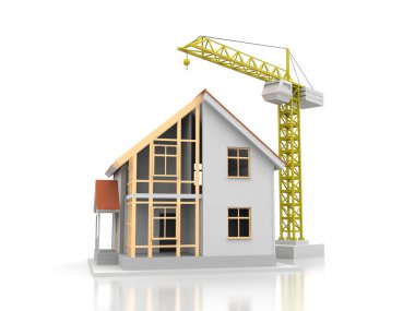 3D render illüstrasyon üstüne açık iç evi. Planları, belgeleri, vinç ve mortgage hesaplama.