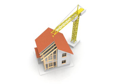 3D render illüstrasyon üstüne açık iç evi. Planları, belgeleri, vinç ve mortgage hesaplama.