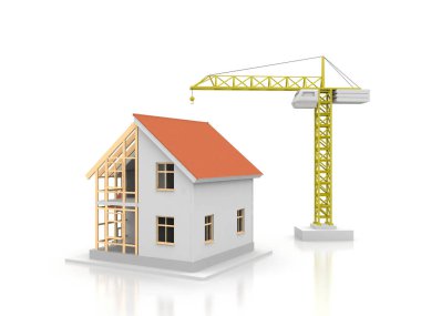 3D render illüstrasyon üstüne açık iç evi. Planları, belgeleri, vinç ve mortgage hesaplama.