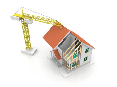 3D render illüstrasyon üstüne açık iç evi. Planları, belgeleri, vinç ve mortgage hesaplama.