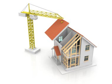 3D render illüstrasyon üstüne açık iç evi. Planları, belgeleri, vinç ve mortgage hesaplama.