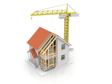 3D render illüstrasyon üstüne açık iç evi. Planları, belgeleri, vinç ve mortgage hesaplama.