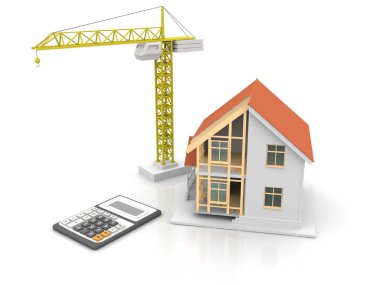 3D render illüstrasyon üstüne açık iç evi. Planları, belgeleri, vinç ve mortgage hesaplama.