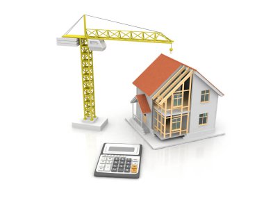 3D render illüstrasyon üstüne açık iç evi. Planları, belgeleri, vinç ve mortgage hesaplama.