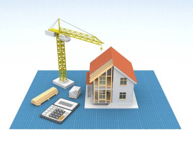 3D render illüstrasyon üstüne açık iç evi. Planları, belgeleri, vinç ve mortgage hesaplama.