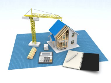 3D render illüstrasyon üstüne açık iç evi. Planları, belgeleri, vinç ve mortgage hesaplama.