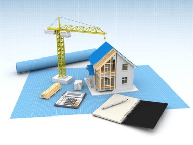 3D render illüstrasyon üstüne açık iç evi. Planları, belgeleri, vinç ve mortgage hesaplama.