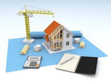 3D render illüstrasyon üstüne açık iç evi. Planları, belgeleri, vinç ve mortgage hesaplama.