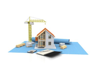 3D render illüstrasyon üstüne açık iç evi. Planları, belgeleri, vinç ve mortgage hesaplama.