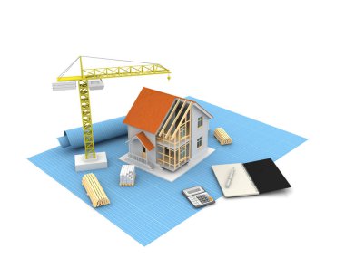 3D render illüstrasyon üstüne açık iç evi. Planları, belgeleri, vinç ve mortgage hesaplama.