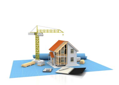 3D render illüstrasyon üstüne açık iç evi. Planları, belgeleri, vinç ve mortgage hesaplama.