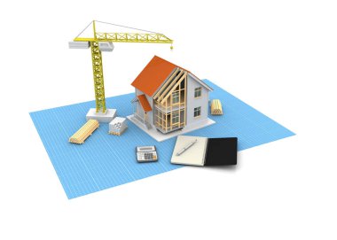3D render illüstrasyon üstüne açık iç evi. Planları, belgeleri, vinç ve mortgage hesaplama.