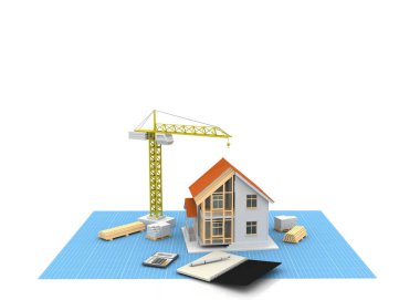 3D render illüstrasyon üstüne açık iç evi. Planları, belgeleri, vinç ve mortgage hesaplama.